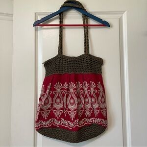 Large Tall Tosca Red Printed fabric Straw Carry All Tote Handbag